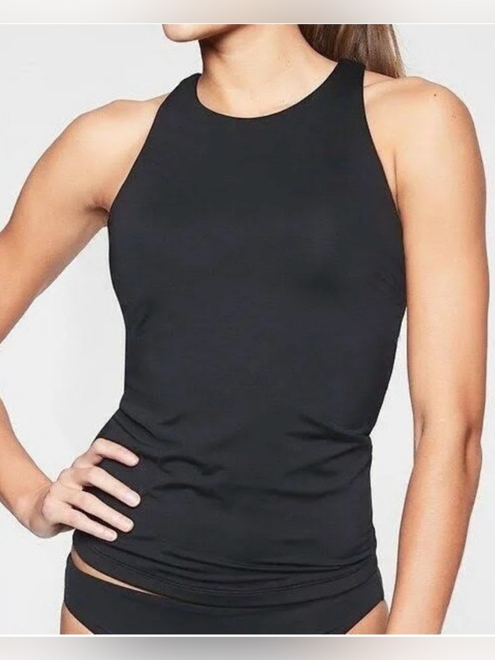 Athleta Black High Neck Tankini Swim Top 34DD Shelf Bra